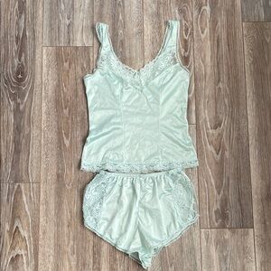 ASHLEY TAYLOR Cami/ Panty Set M Aquamarine Silky Nylon Delicate Lace VTG